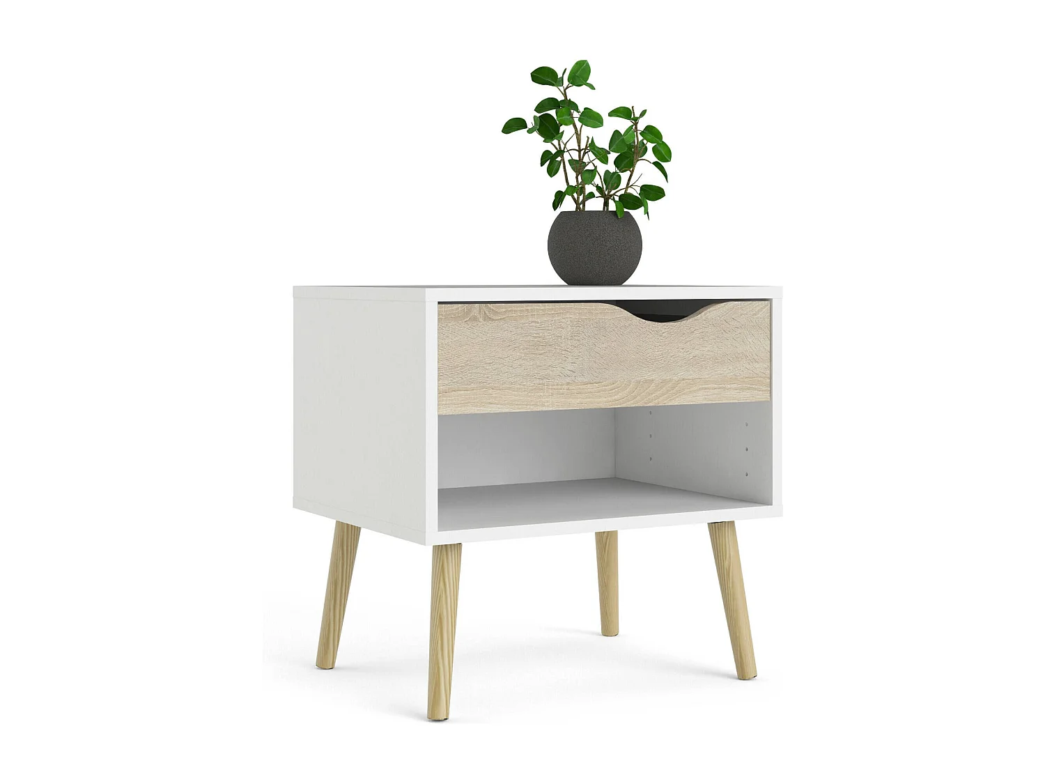Table de chevet avec un tiroir et un compartiment de rangement, couleur blanc et chêne, Dimensions 50 x 49 x 39 cm