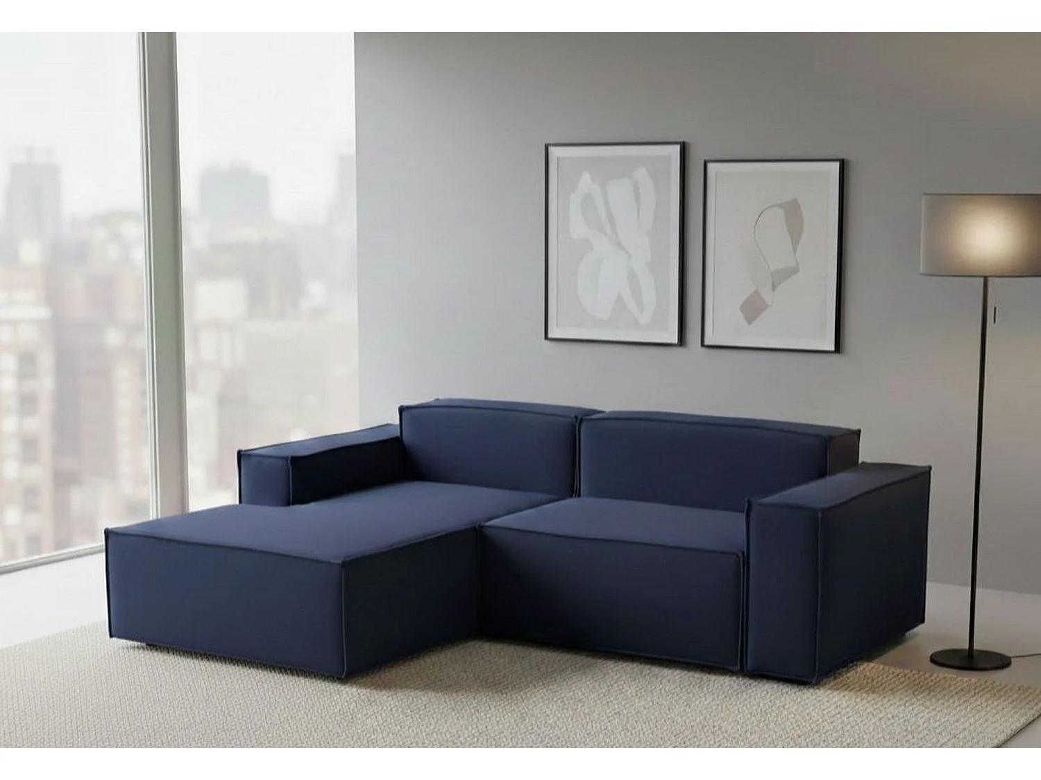 Divano fisso Daniela, Divano componibile a 2 posti large con penisola sinistra, 100% Made in Italy, Sofà moderno in tessuto, Cm 240x170h70, Blu