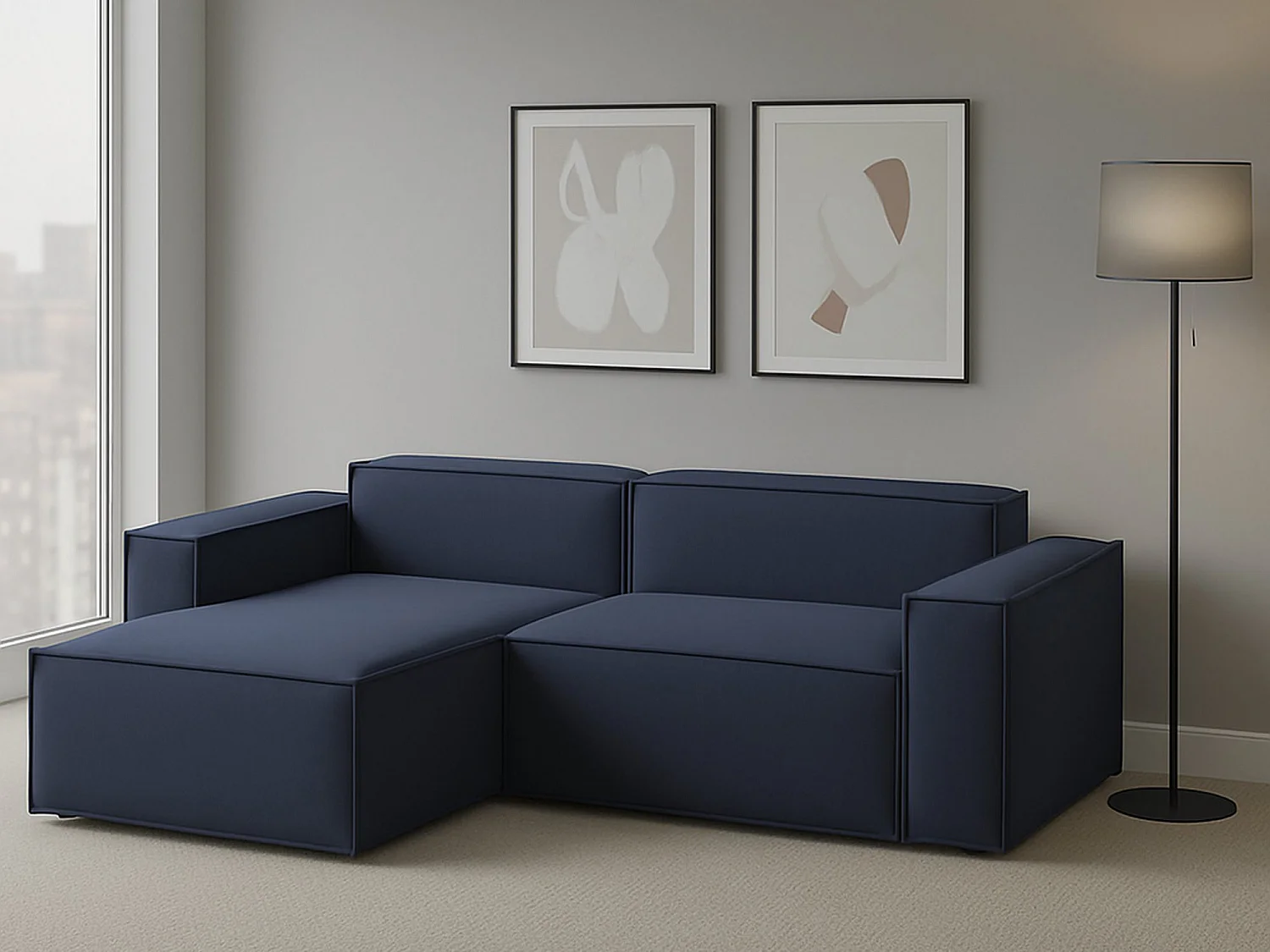 Divano fisso Daniela, Divano componibile a 2 posti large con penisola sinistra, 100% Made in Italy, Sofà moderno in tessuto, Cm 240x170h70, Blu