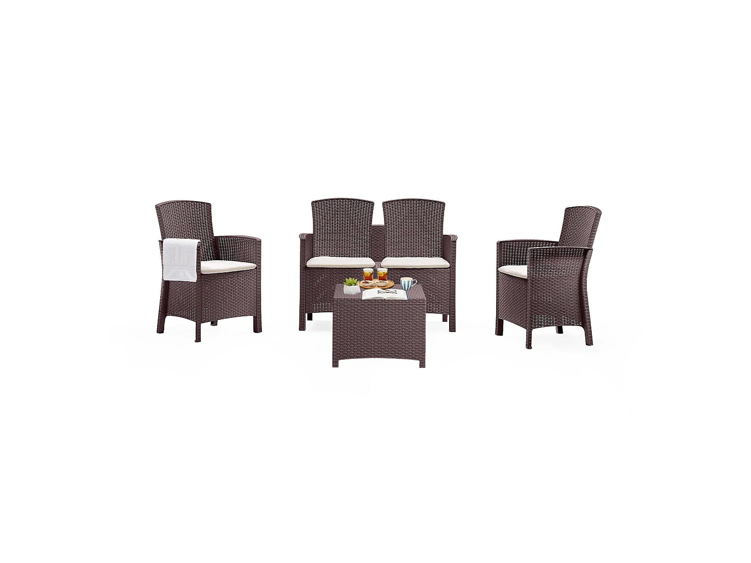 Ensemble de salon d'extérieur Urano, Salon de jardin avec coussins, Salon d'intérieur effet rotin, 100% Made in Italy, Marron