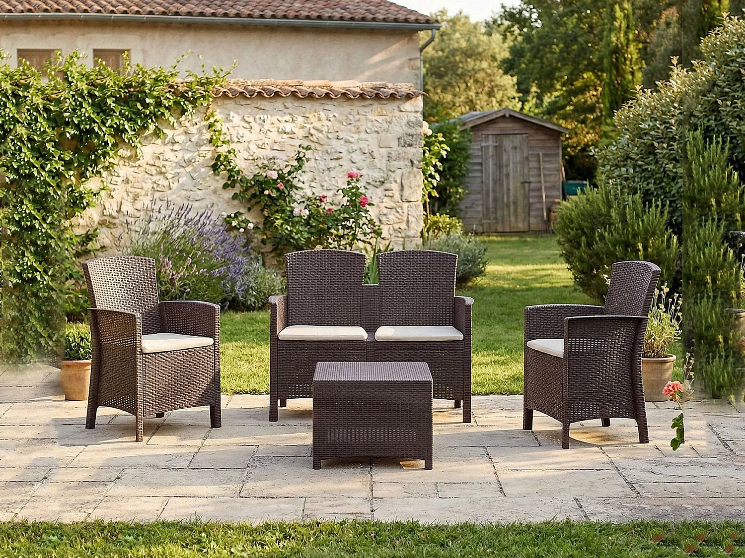 Ensemble de salon d'extérieur Urano, Salon de jardin avec coussins, Salon d'intérieur effet rotin, 100% Made in Italy, Marron