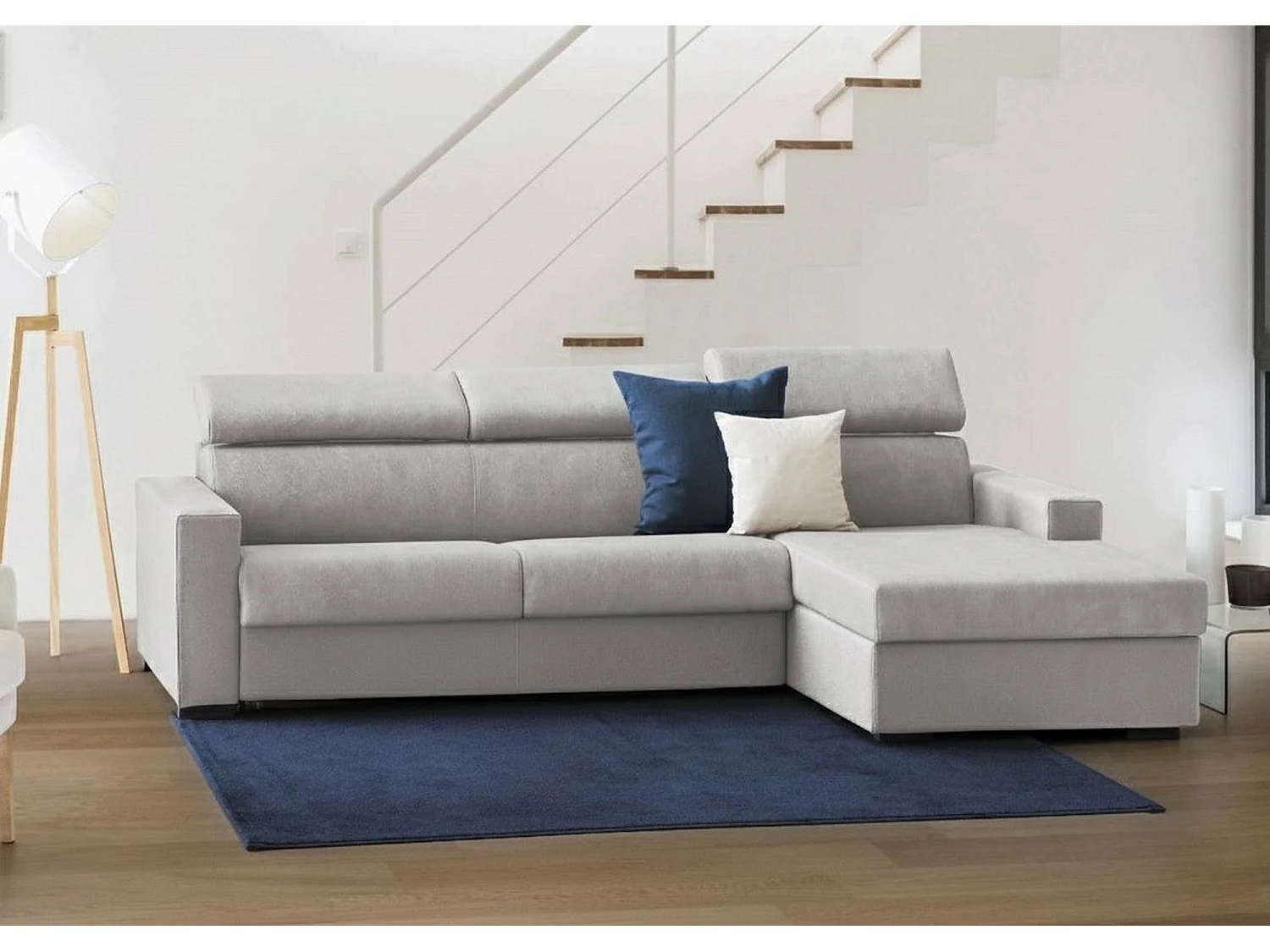 Sofá fijo con península Mikaela, sofá esquinero con chaise longue derecho de tela, reposabrazos finos, 100% Made in Italy, 280x95h85 cm, Gri