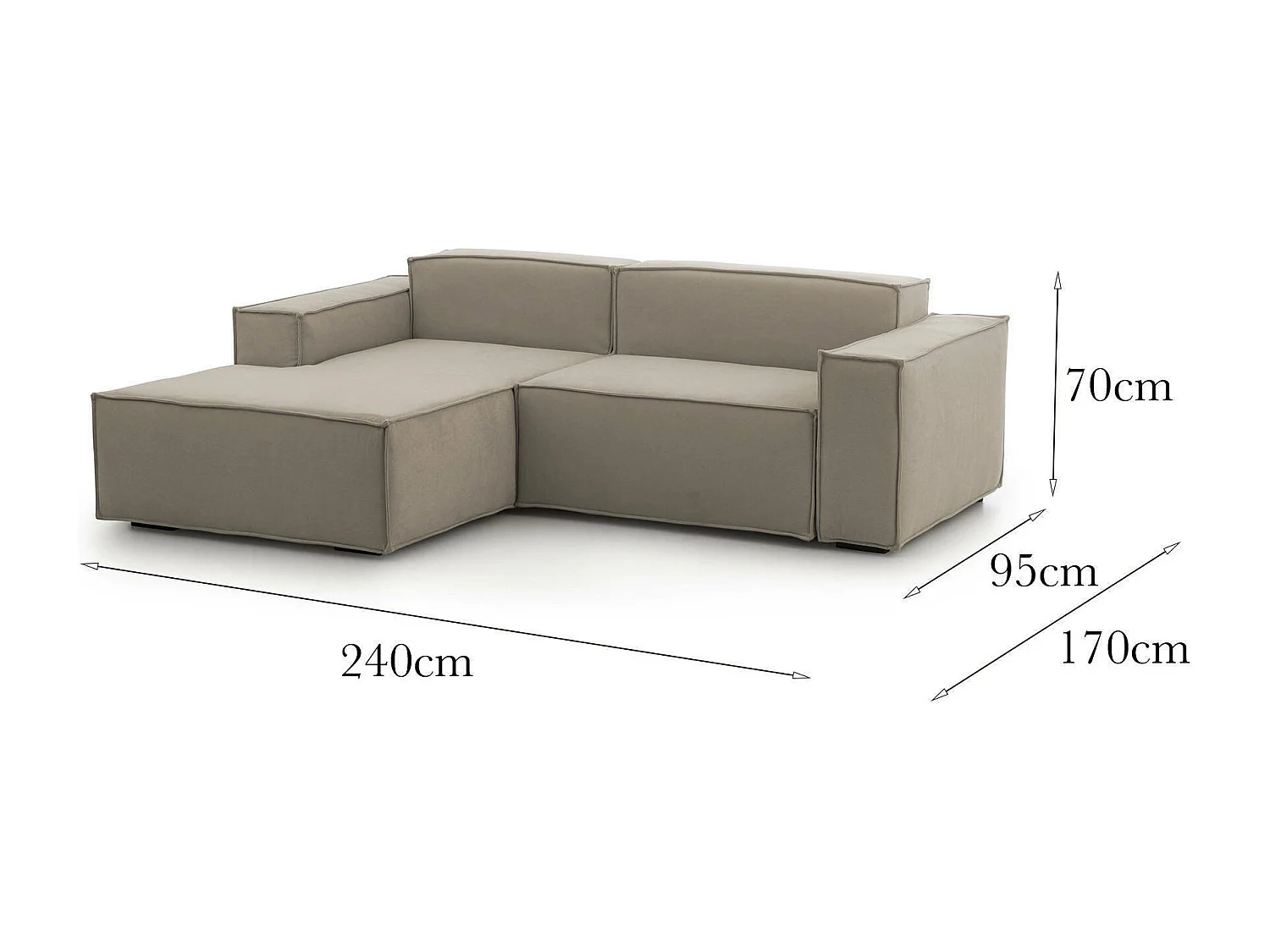 Divano fisso Daniela, Divano componibile a 2 posti large con penisola sinistra, 100% Made in Italy, Sofà moderno in tessuto, Cm 240x170h70, Tortora