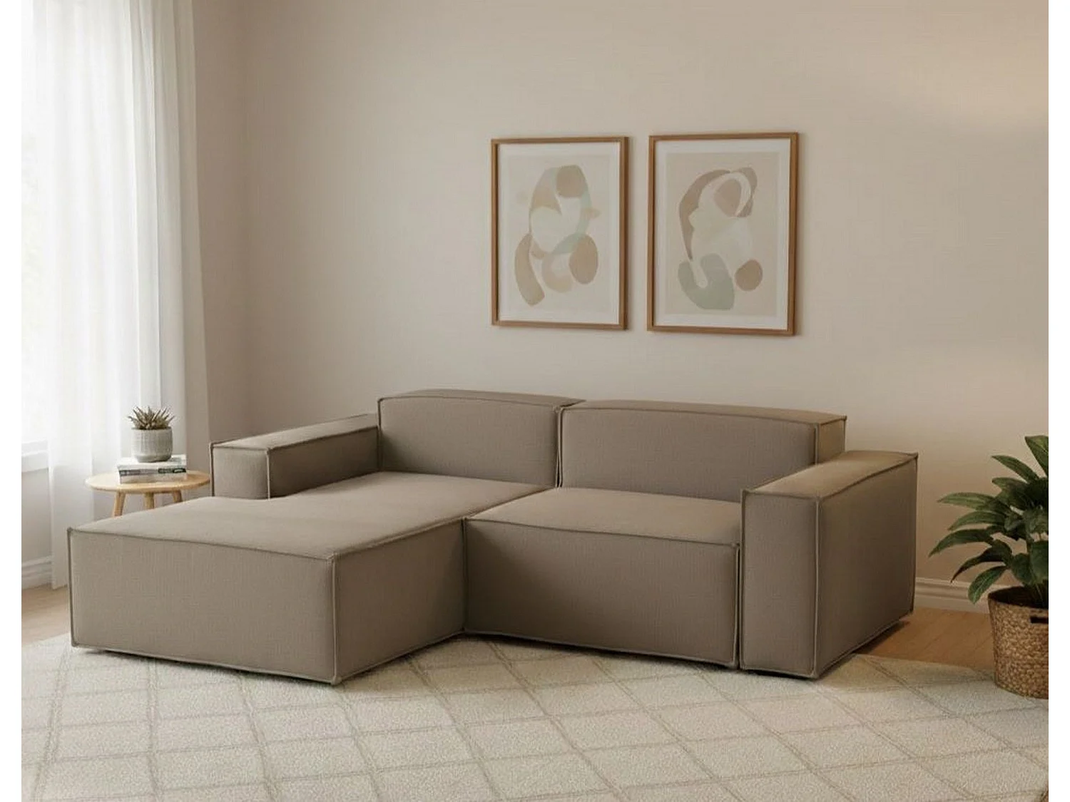 Sofá fixo Daniela, Sofá modular grande de 2 lugares com península esquerda, 100% Fabricado na Itália, Sofá de tecido moderno, 240x170h70 cm, Taupe