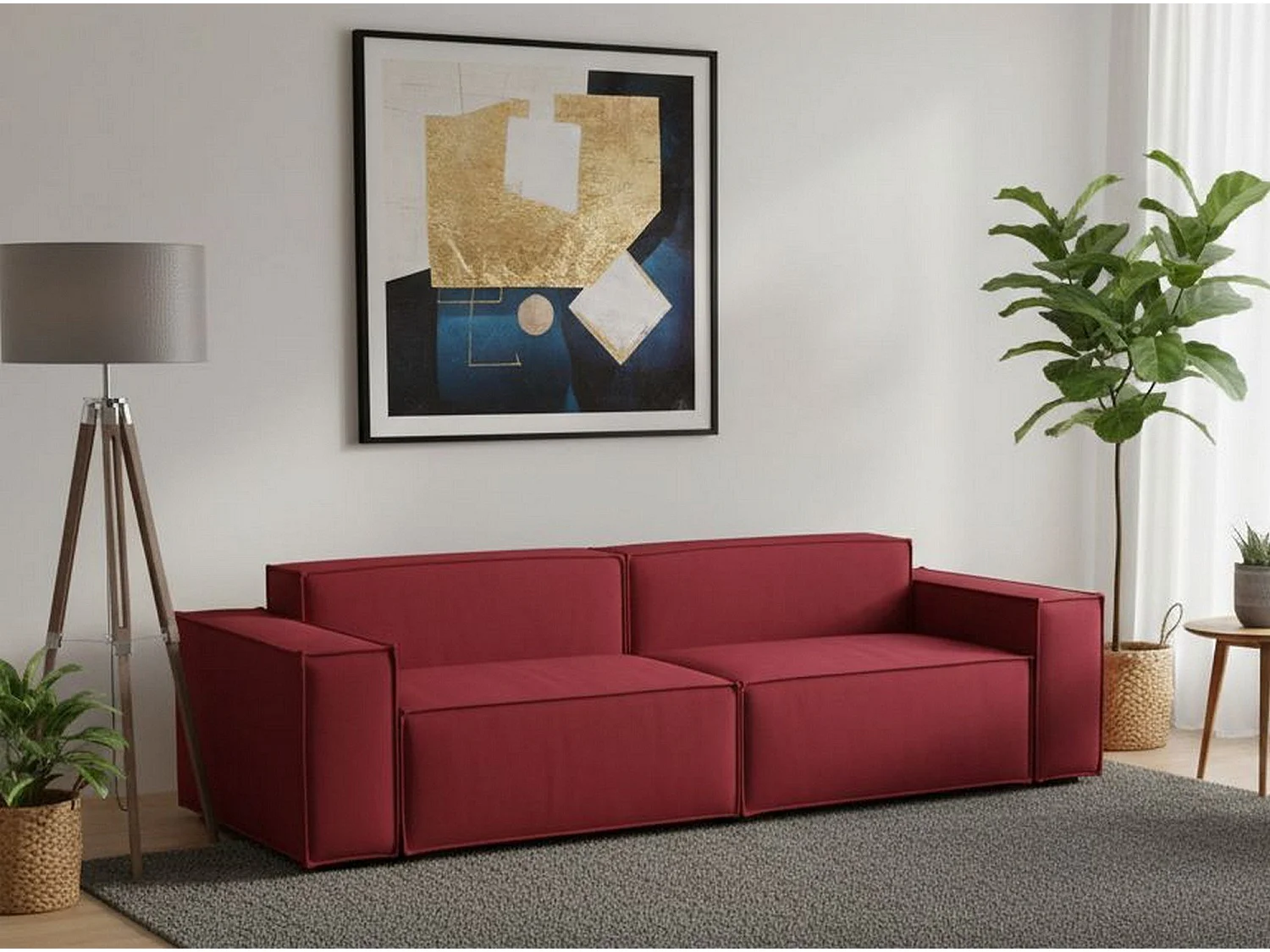 Canapé fixe Simona, canapé modulable linéaire 3 places, 100% Made in Italy, Canapé de salon moderne en tissu, 260x95h70 cm, Rouge