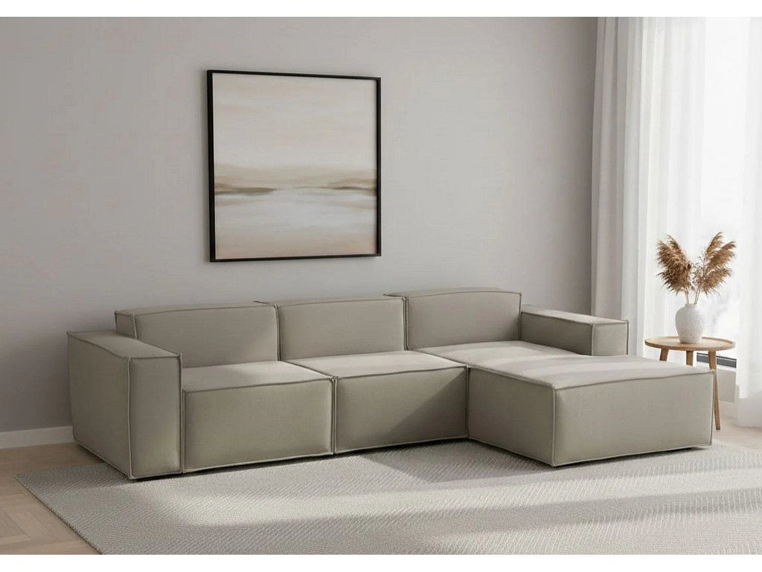 Canapé fixe Giovanna, canapé modulable 3 places avec péninsule droite, 100% Made in Italy, Canapé moderne en tissu, 300x170h70 cm, Taupe