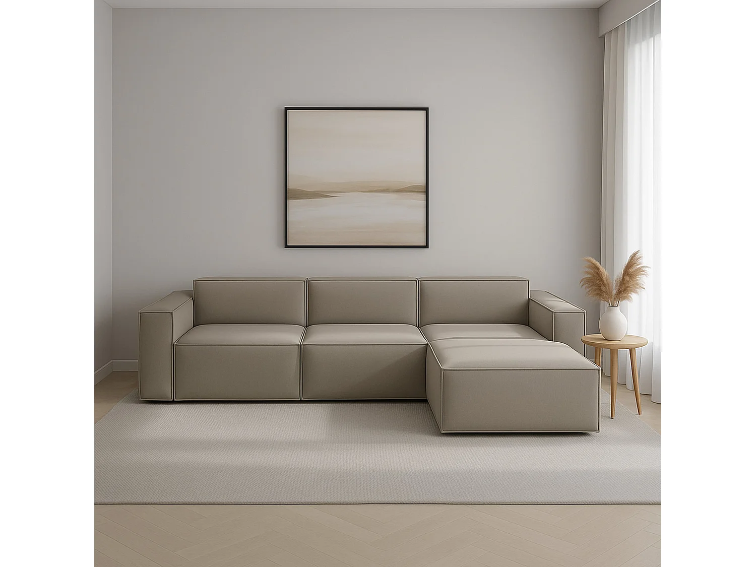 Divano fisso Giovanna, Divano componibile a 3 posti con penisola destra, 100% Made in Italy, Sofà moderno in tessuto, Cm 300x170h70, Tortora