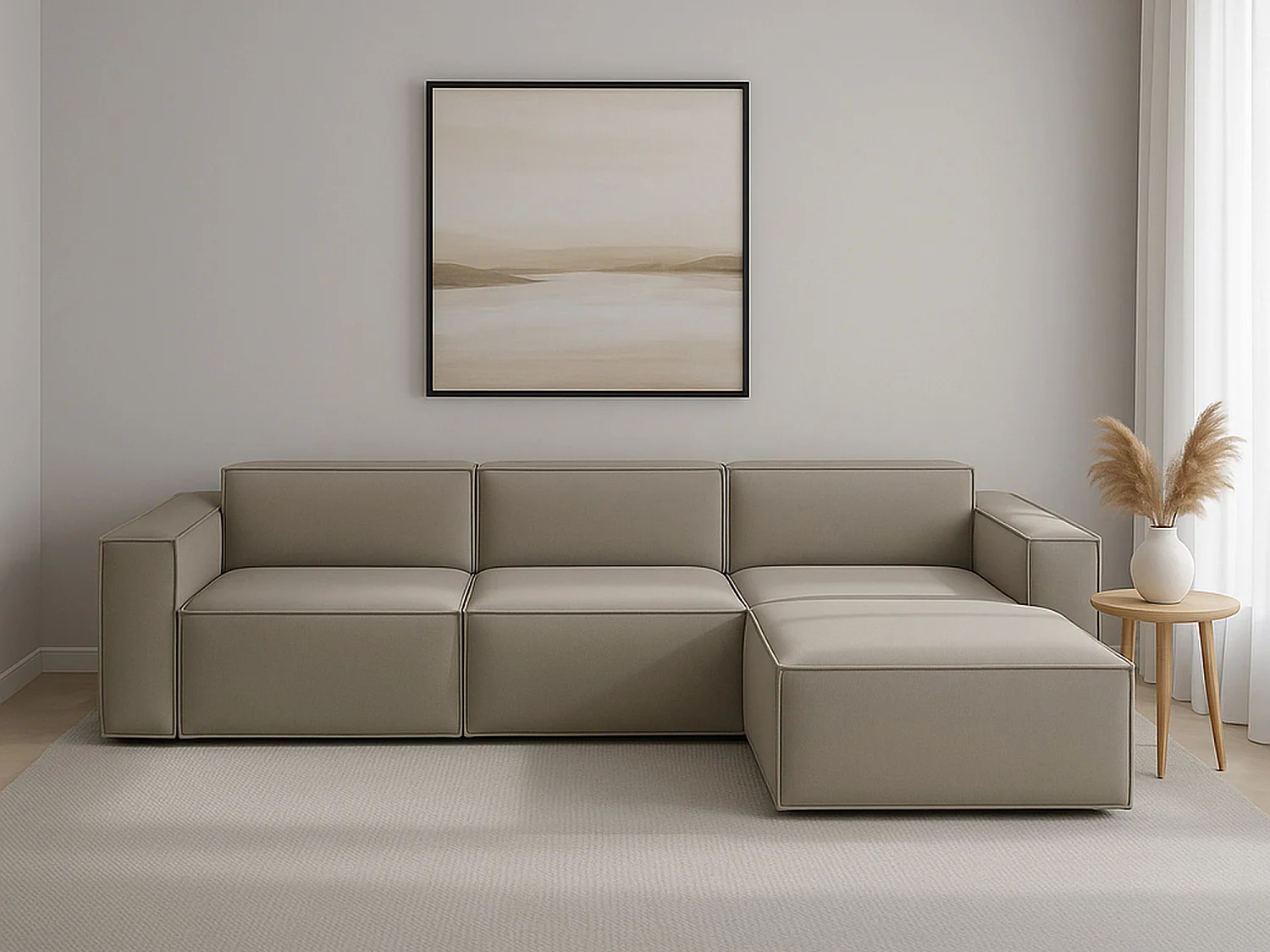 Divano fisso Giovanna, Divano componibile a 3 posti con penisola destra, 100% Made in Italy, Sofà moderno in tessuto, Cm 300x170h70, Tortora