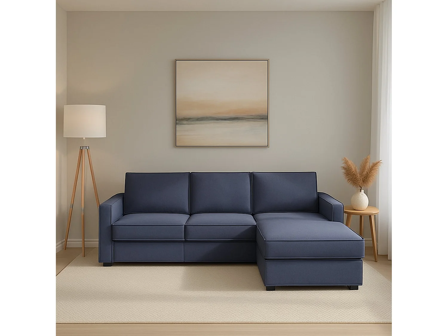 Divano Fisso con Penisola Ametrino, Sfoderabile Made in Italy, 95x280 cm blu