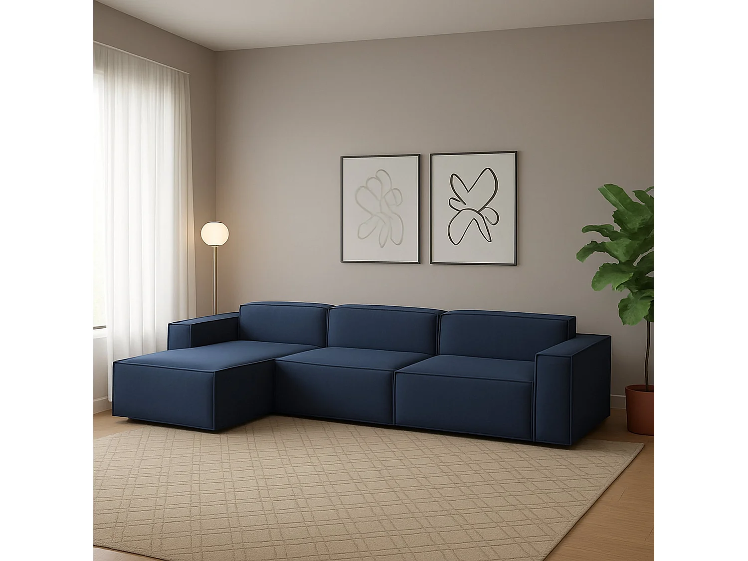 Canapé fixe Dgarzy, canapé modulable 4 places avec péninsule gauche, 100% Made in Italy, Canapé moderne en tissu, 340x170h70 cm, Bleu