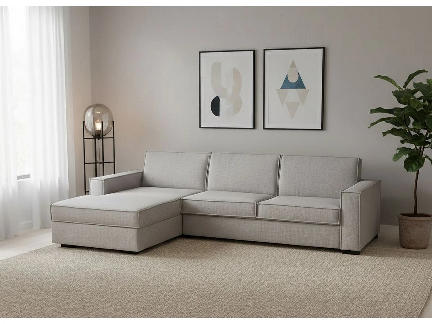 Sofá fijo Dlovis, Sofá de esquina, 100% Made in Italy, Sofá Salón con, península de contenedores Izquierda, con reposabrazos delgados, Cm 260x95h90, Gris