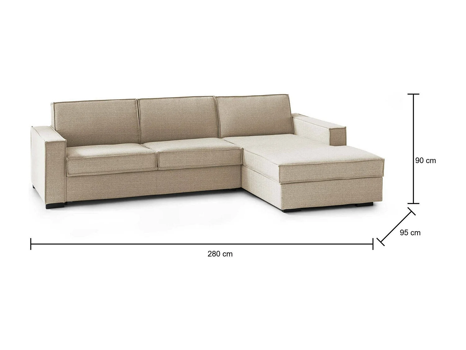 Divano fisso Nami, Divano ad angolo, 100% Made in Italy, Sofà Soggiorno con, penisola contenitore Destra, con Braccioli standard, Cm 280x95h90, Beige