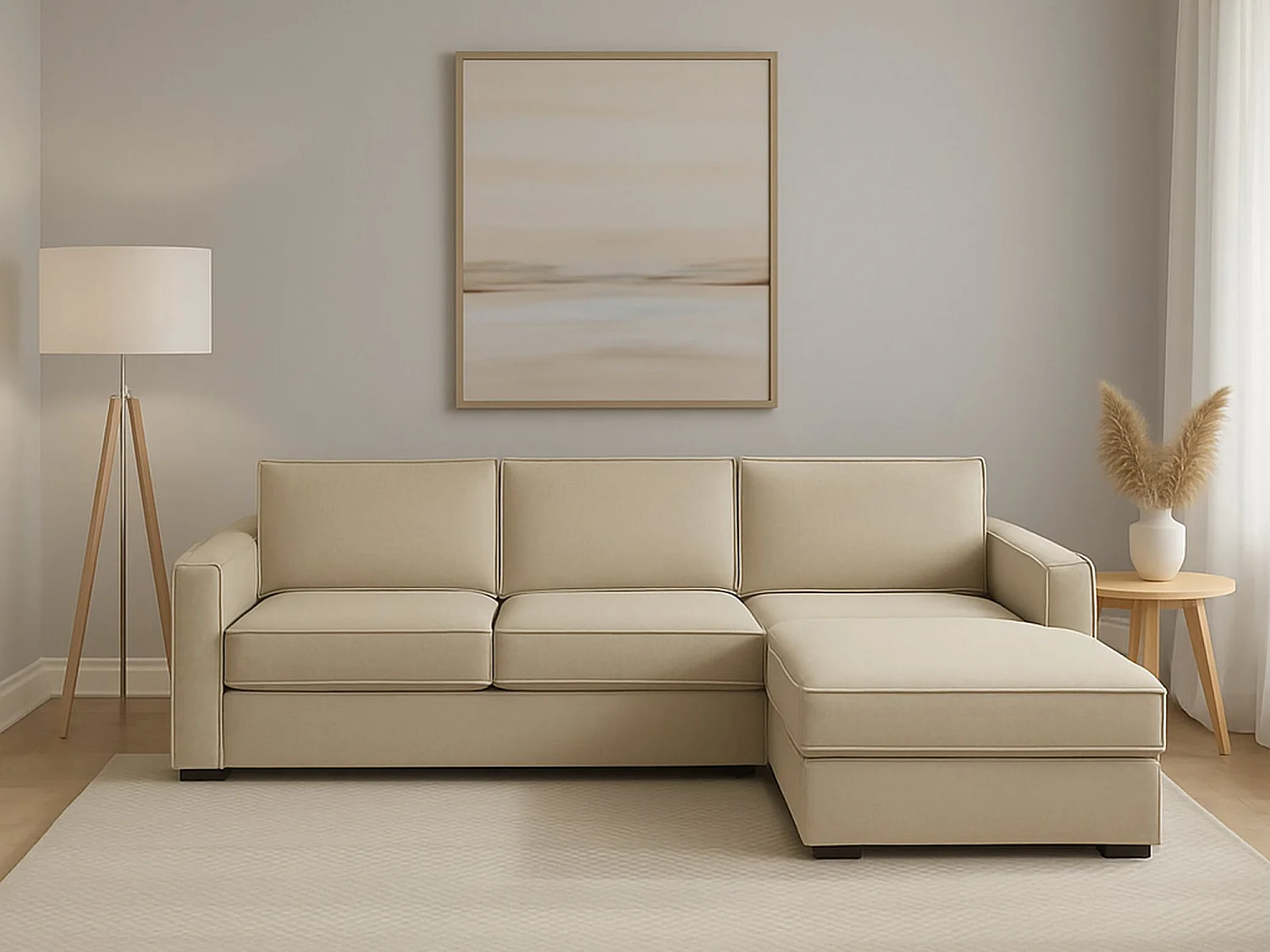 Divano fisso Nami, Divano ad angolo, 100% Made in Italy, Sofà Soggiorno con, penisola contenitore Destra, con Braccioli standard, Cm 280x95h90, Beige