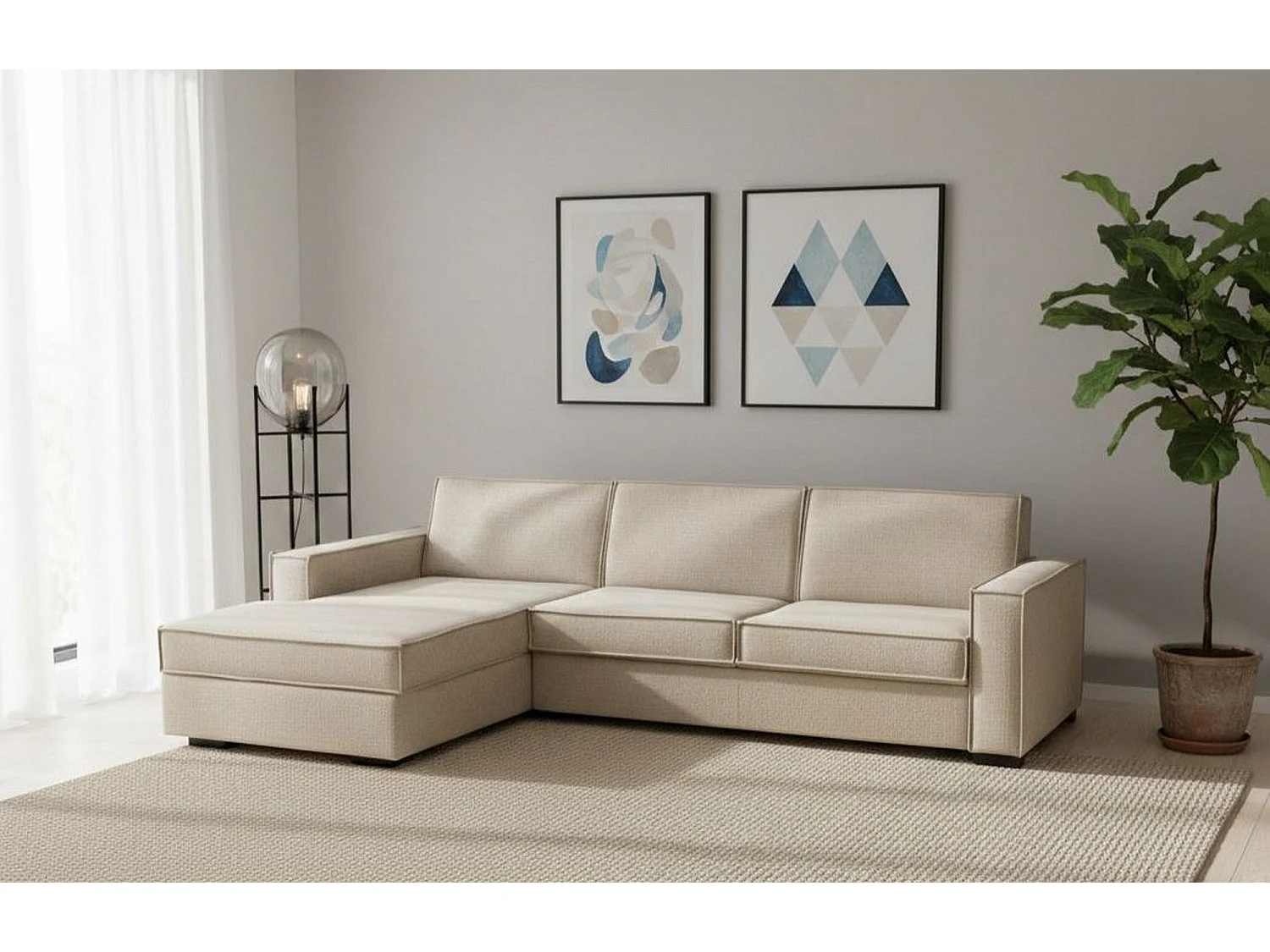 Divano Fisso con Penisola Anila, Sfoderabile Made in Italy, 95x280 cm Beige