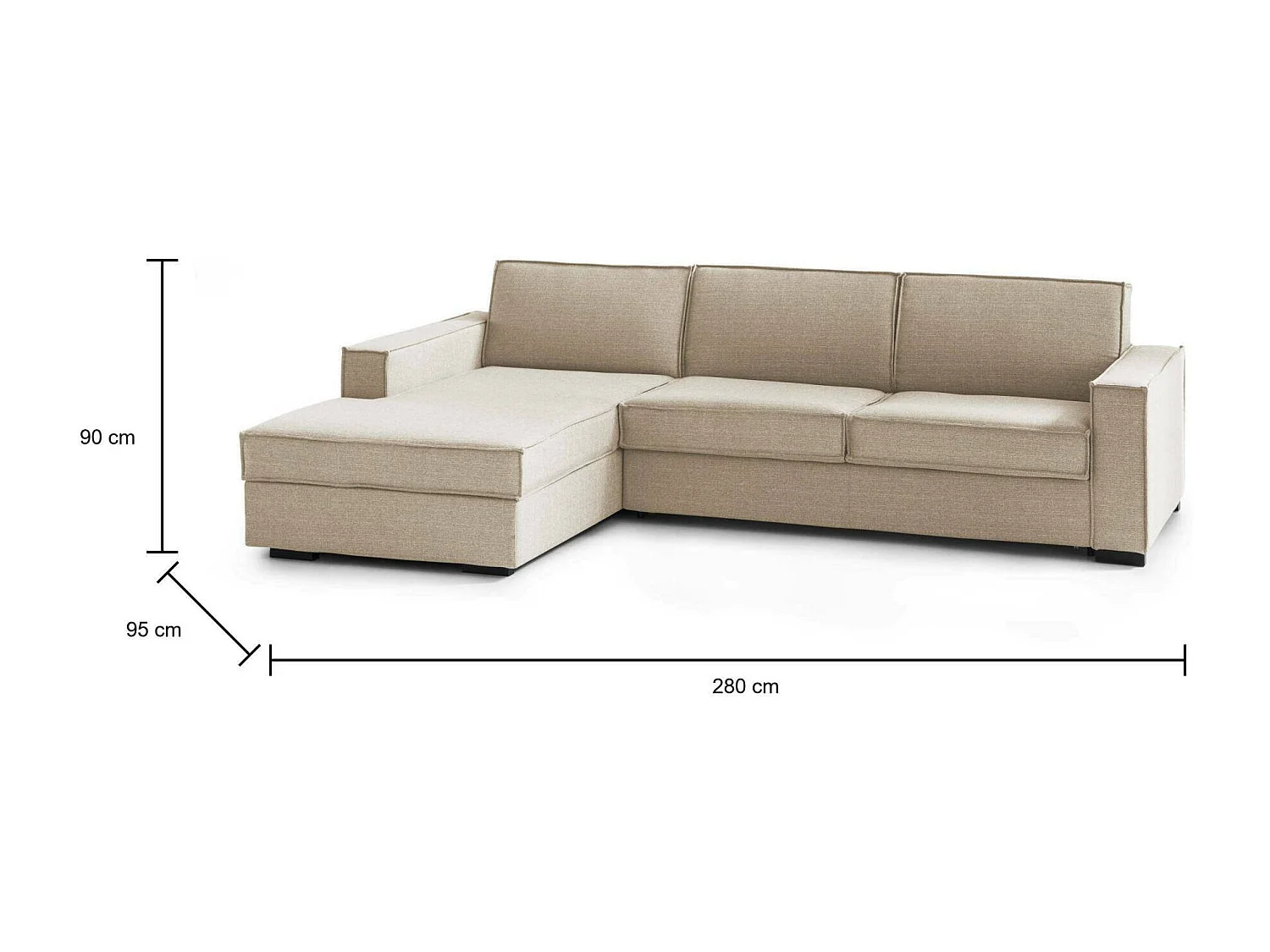 Divano Fisso con Penisola Anila, Sfoderabile Made in Italy, 95x280 cm Beige