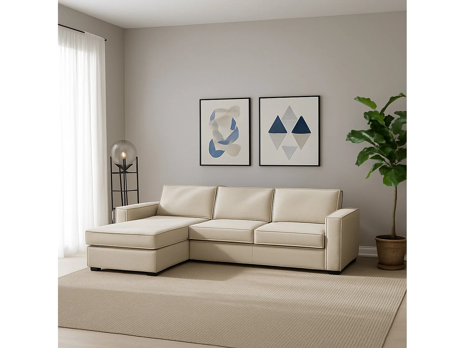 Divano Fisso con Penisola Anila, Sfoderabile Made in Italy, 95x280 cm Beige