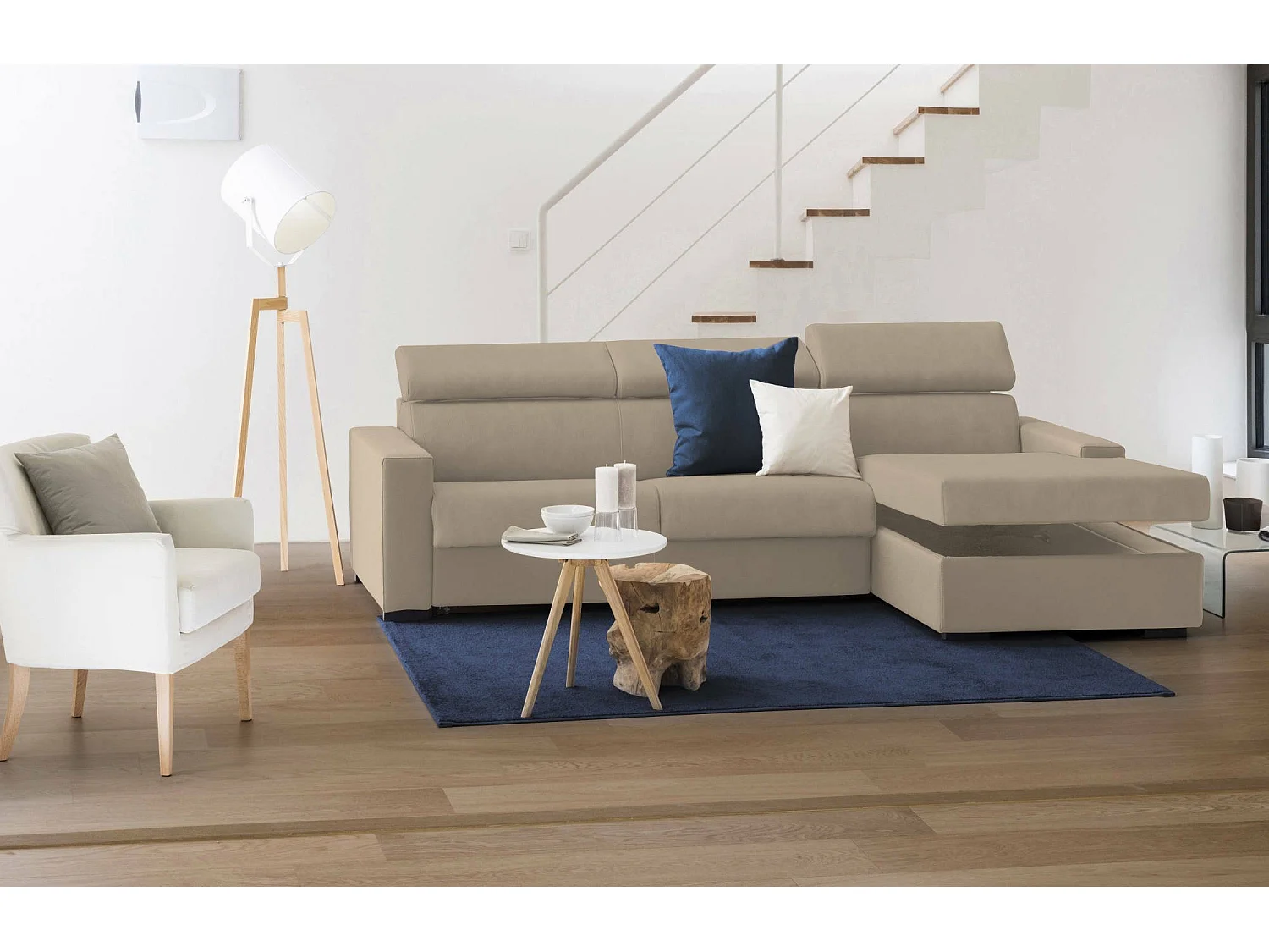 Talamo Italien Sofa fest mit Ottomane Mikaela 260x95 cm Beige abziehbar, waschbar, Armlehnen