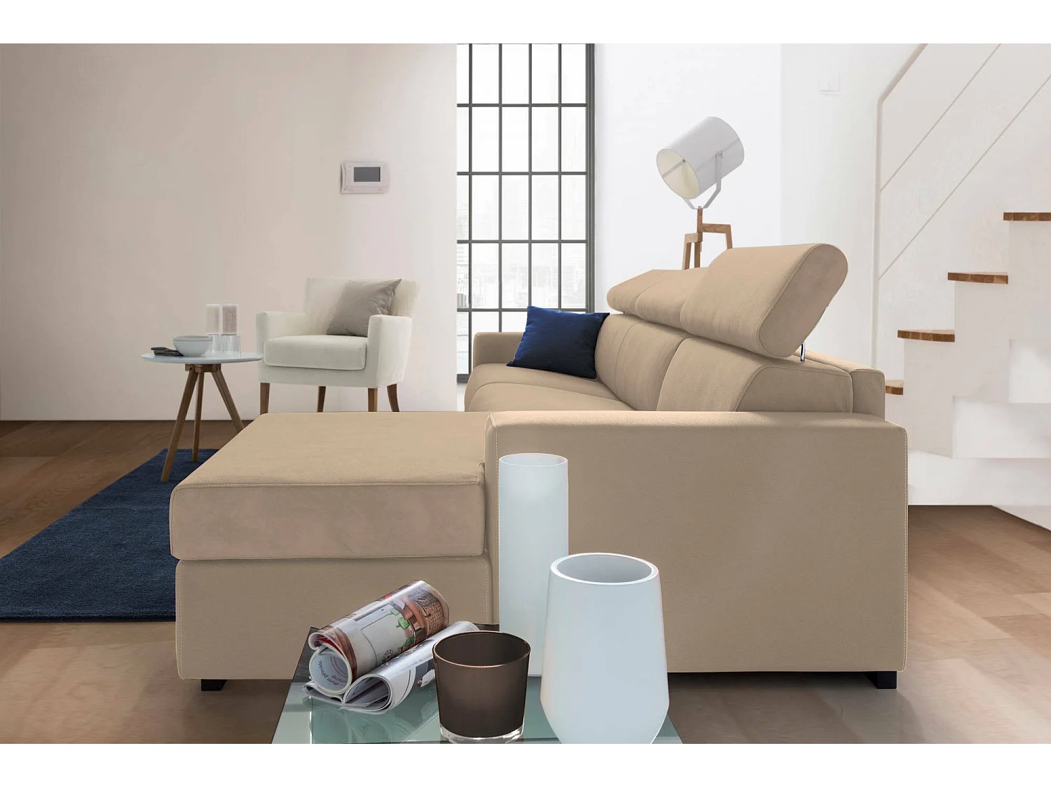 Talamo Italien Sofa fest mit Ottomane Mikaela 260x95 cm Beige abziehbar, waschbar, Armlehnen