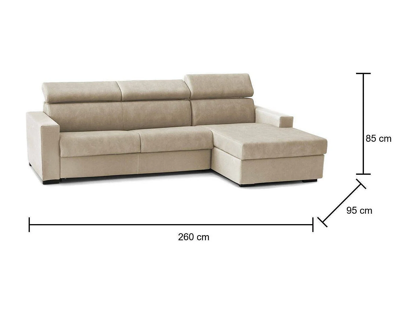Talamo Italia Divano Fisso con Penisola Mikaela 260x95 cm Beige Sfoderabile Lavabile, Braccioli Made in Italy