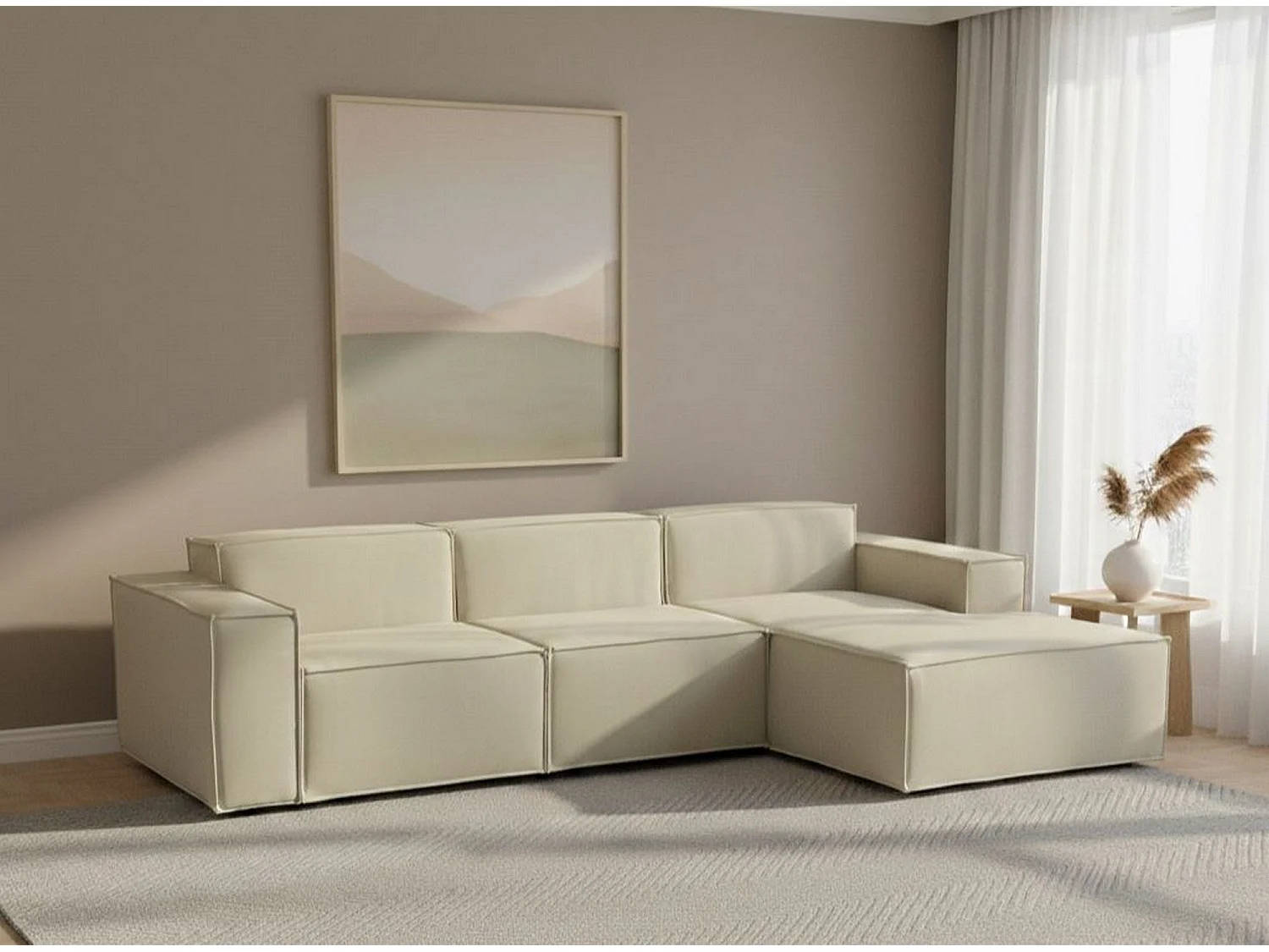 Canapé fixe Ddzek, canapé modulable 3 places avec péninsule droite, 100% Made in Italy, Canapé moderne en tissu, 300x170h70 cm, Beige