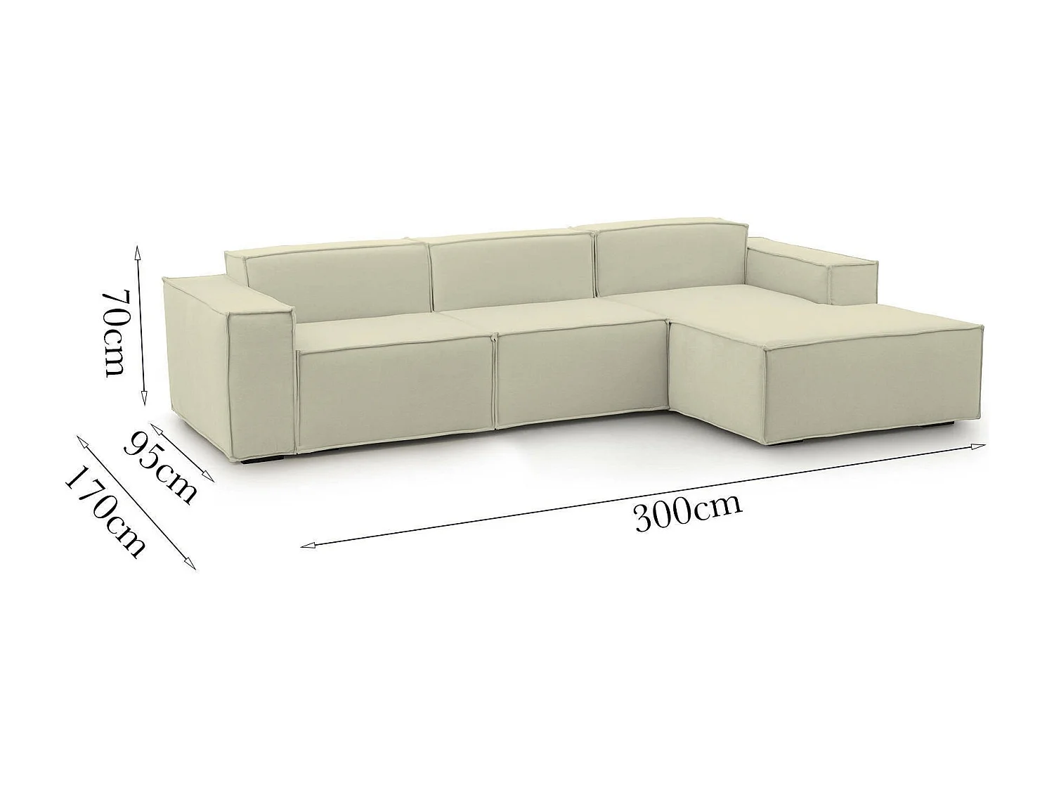 Canapé fixe Ddzek, canapé modulable 3 places avec péninsule droite, 100% Made in Italy, Canapé moderne en tissu, 300x170h70 cm, Beige