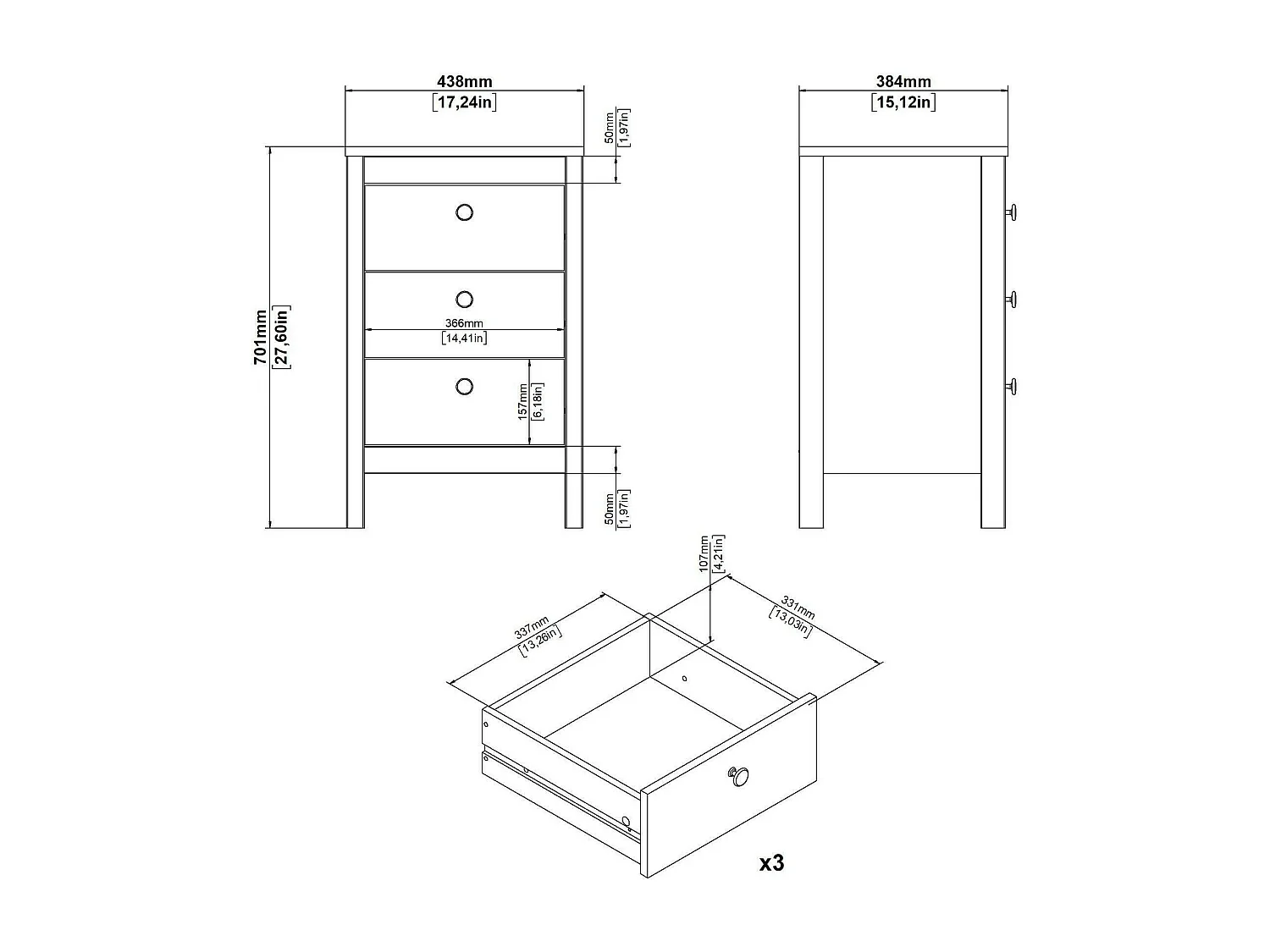Mesa de cabeceira Dsain, Cómoda baixa, Mesa de cabeceira, Prateleira de cama, 44x38 h70 cm, Branco