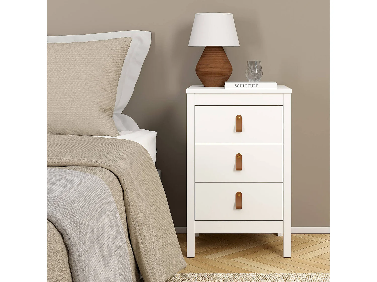 Chevet Dsain, Commode basse, Table de nuit, Étagère de chevet, 44x38 h70 cm, Blanc