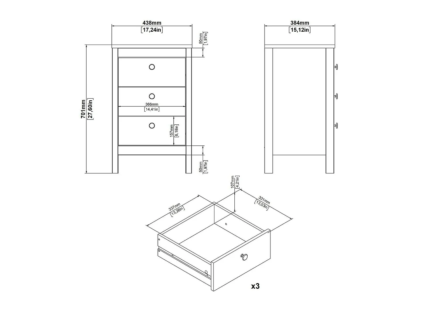Chevet Dsain, Commode basse, Table de nuit, Étagère de chevet, 44x38 h70 cm, Blanc