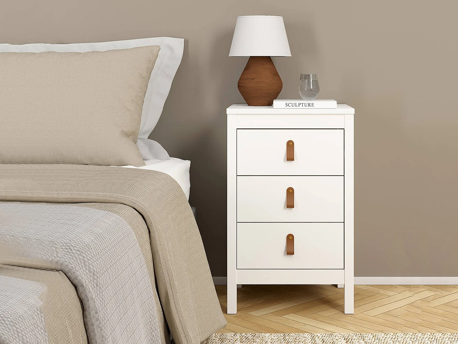 Chevet Dsain, Commode basse, Table de nuit, Étagère de chevet, 44x38 h70 cm, Blanc