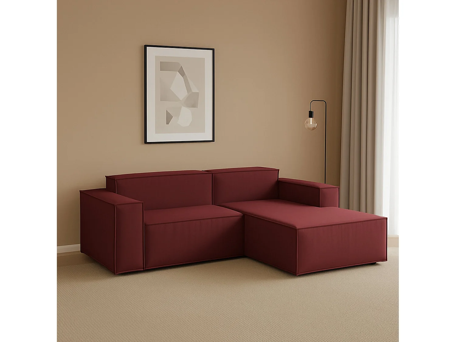 Canapé fixe Dgatta, Grand canapé modulable 2 places avec péninsule droite, 100% Made in Italy, Canapé moderne en tissu, 240x170h70 cm, Rouge