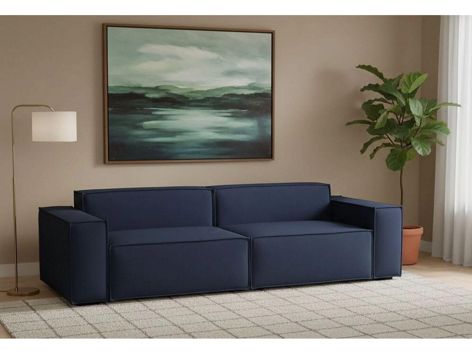 Dmelucc vaste bank, 3-zits lineaire modulaire bank, 100% Made in Italy, Moderne woonkamerbank in stof, 260x95h70 cm, Blauw