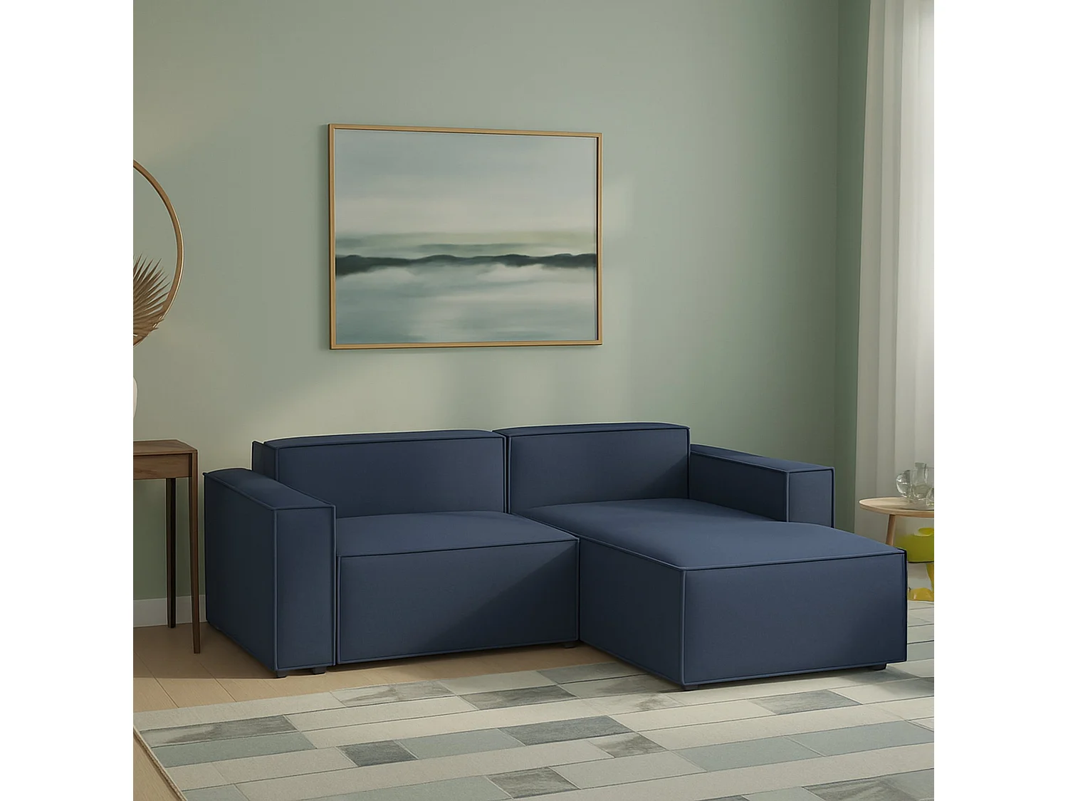 Canapé fixe Dgatta, Grand canapé modulable 2 places avec péninsule droite, 100% Made in Italy, Canapé moderne en tissu, 240x170h70 cm, Bleu