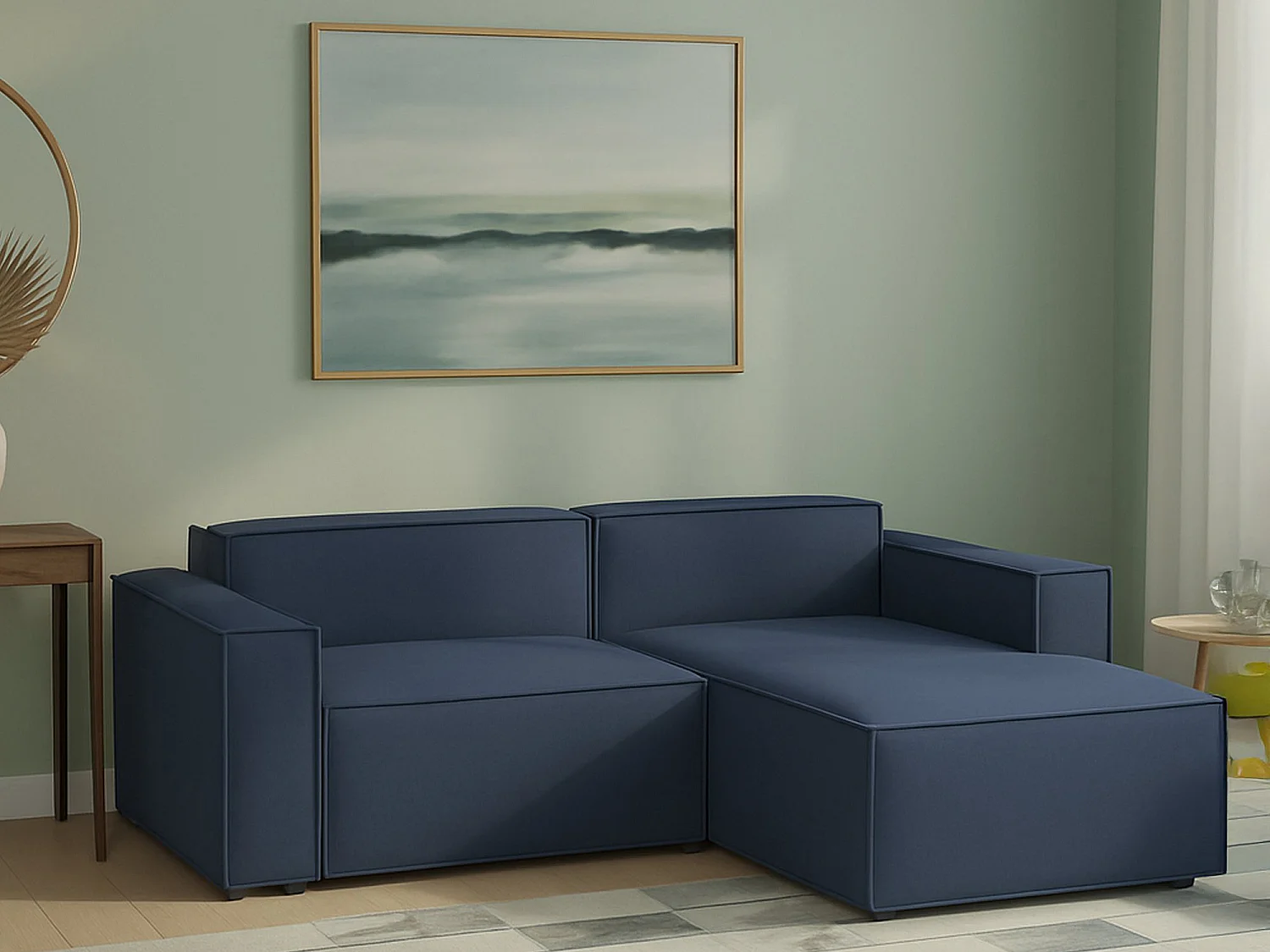 Canapé fixe Dgatta, Grand canapé modulable 2 places avec péninsule droite, 100% Made in Italy, Canapé moderne en tissu, 240x170h70 cm, Bleu