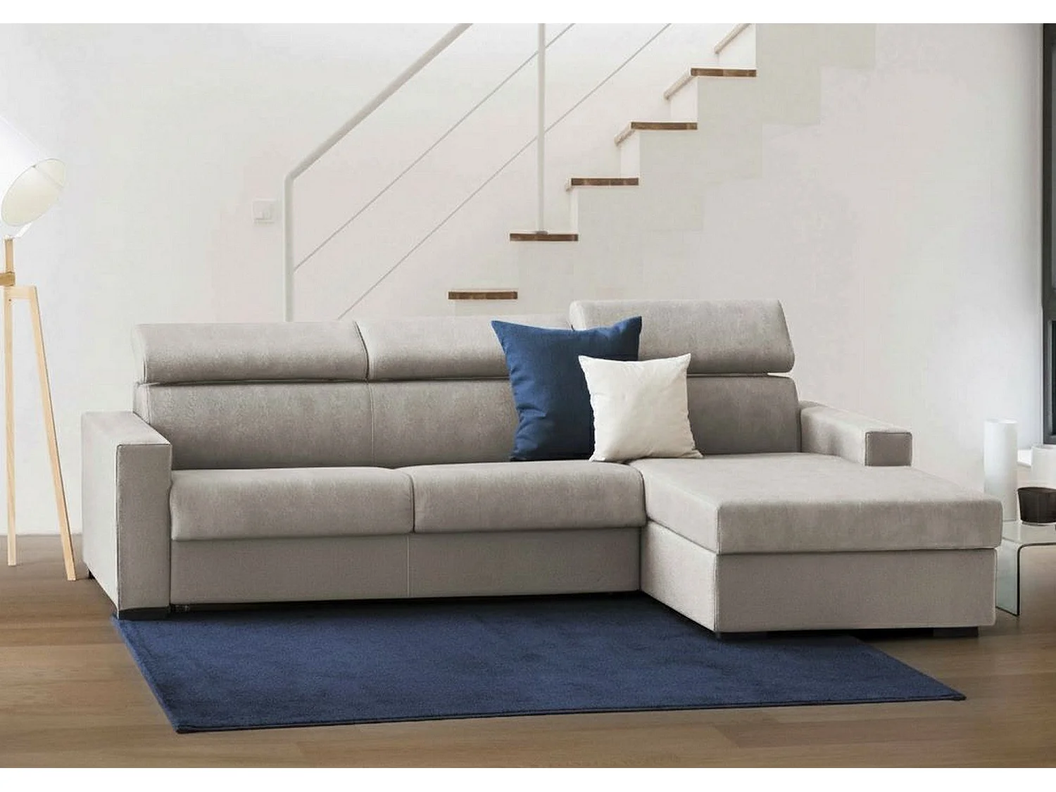 Sofá fijo con península Mikaela, sofá esquinero con chaise longue derecho de tela, reposabrazos finos, 100% Made in Italy, 280x95h85 cm, Gris tórtola