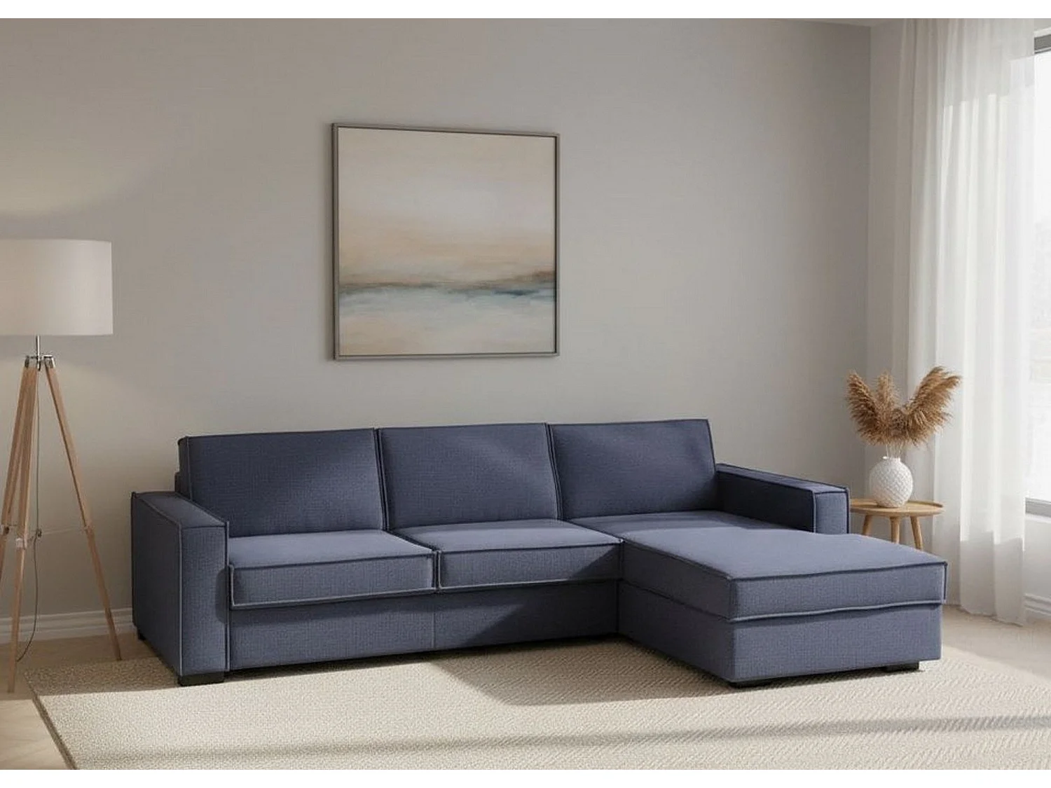 Canapé fixe Nami, Canapé d'angle, 100% Made in Italy, Canapé de salon avec péninsule conteneur droite, avec accoudoirs standards, 280x95h90 cm, Bleu