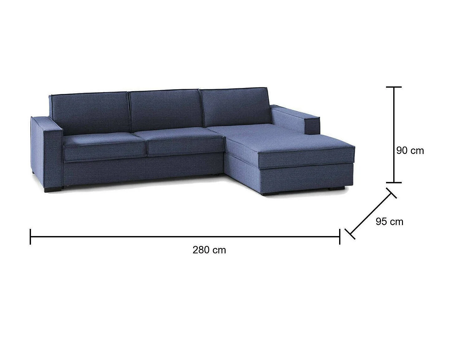 Sofá fixo Nami, Sofá de canto, 100% Fabricado na Itália, Sofá da sala com península container direita, com braços padrão, 280x95h90 cm, Azul