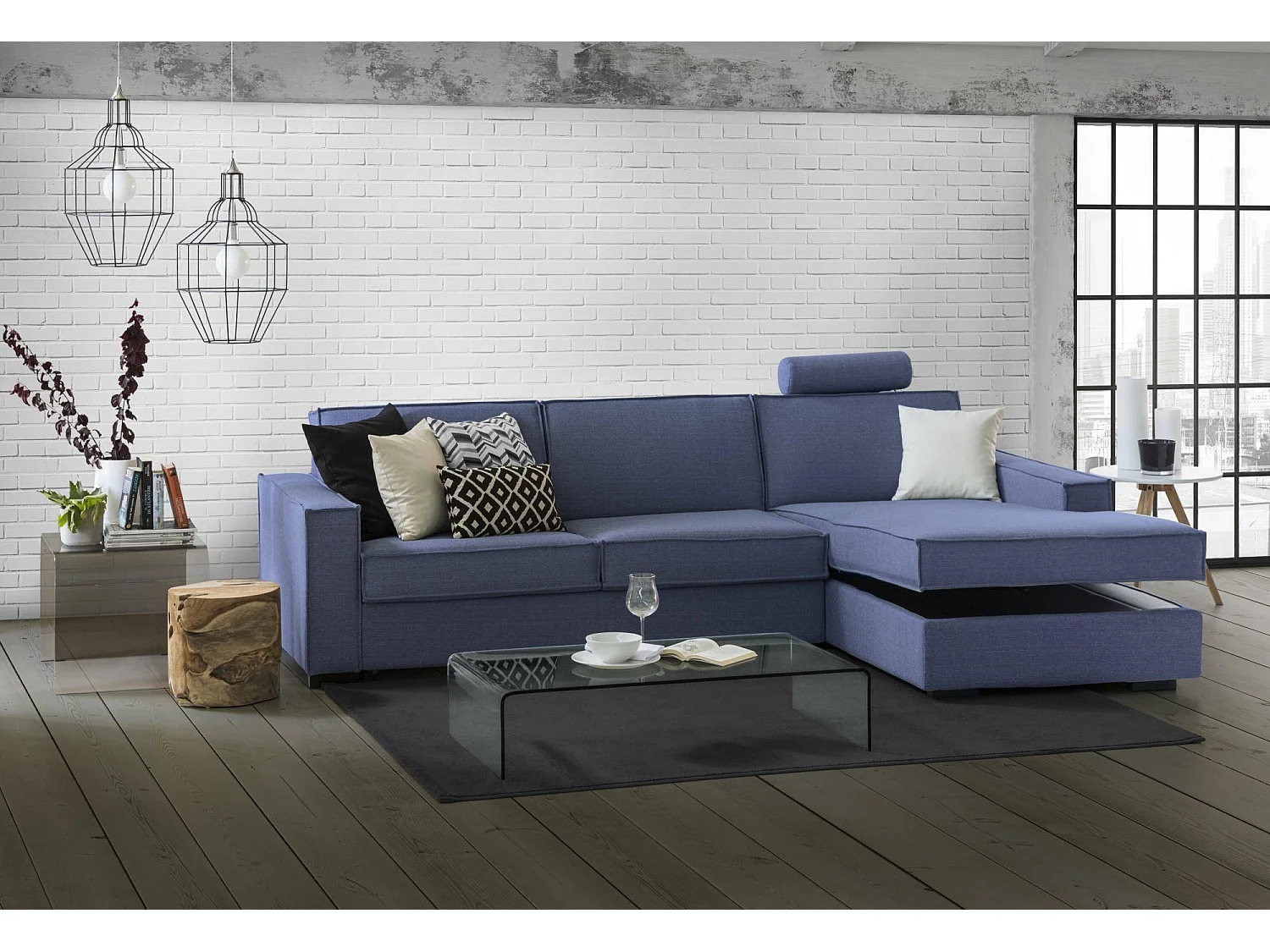 Sofá fixo Nami, Sofá de canto, 100% Fabricado na Itália, Sofá da sala com península container direita, com braços padrão, 280x95h90 cm, Azul