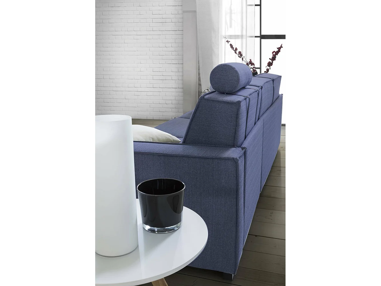 Sofá fixo Nami, Sofá de canto, 100% Fabricado na Itália, Sofá da sala com península container direita, com braços padrão, 280x95h90 cm, Azul