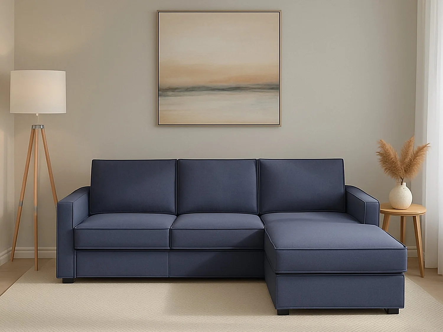 Sofá fixo Nami, Sofá de canto, 100% Fabricado na Itália, Sofá da sala com península container direita, com braços padrão, 280x95h90 cm, Azul