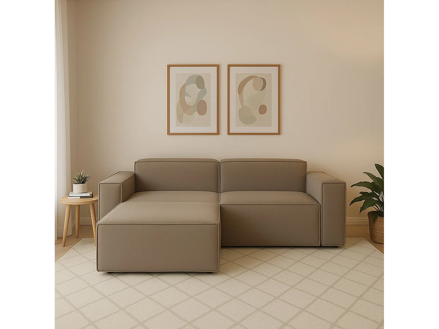 Canapé fixe Dcagnan, Grand canapé modulable 2 places avec péninsule gauche, 100% Made in Italy, Canapé moderne en tissu, 240x170h70 cm, Taupe