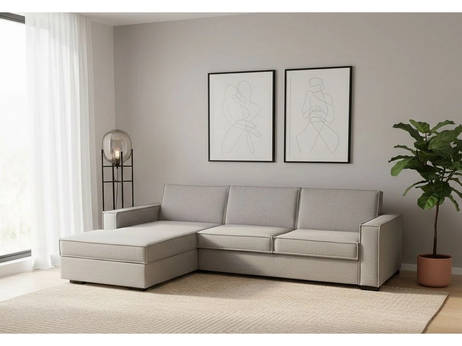 Canapé fixe Grazia, Canapé d'angle, 100% Made in Italy, Canapé de salon avec, Péninsule conteneur gauche, avec accoudoirs standards, 280x95h90 cm, Gris