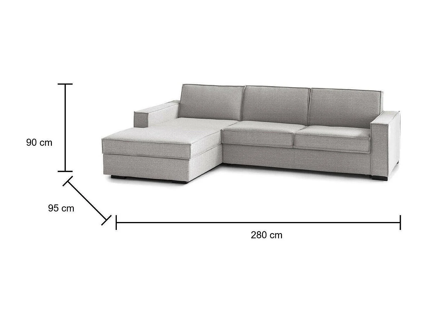 Sofá fixo Grazia, Sofá de canto, 100% Fabricado na Itália, Sofá da sala com, Península contêiner esquerda, com braços padrão, 280x95h90 cm, Cinza
