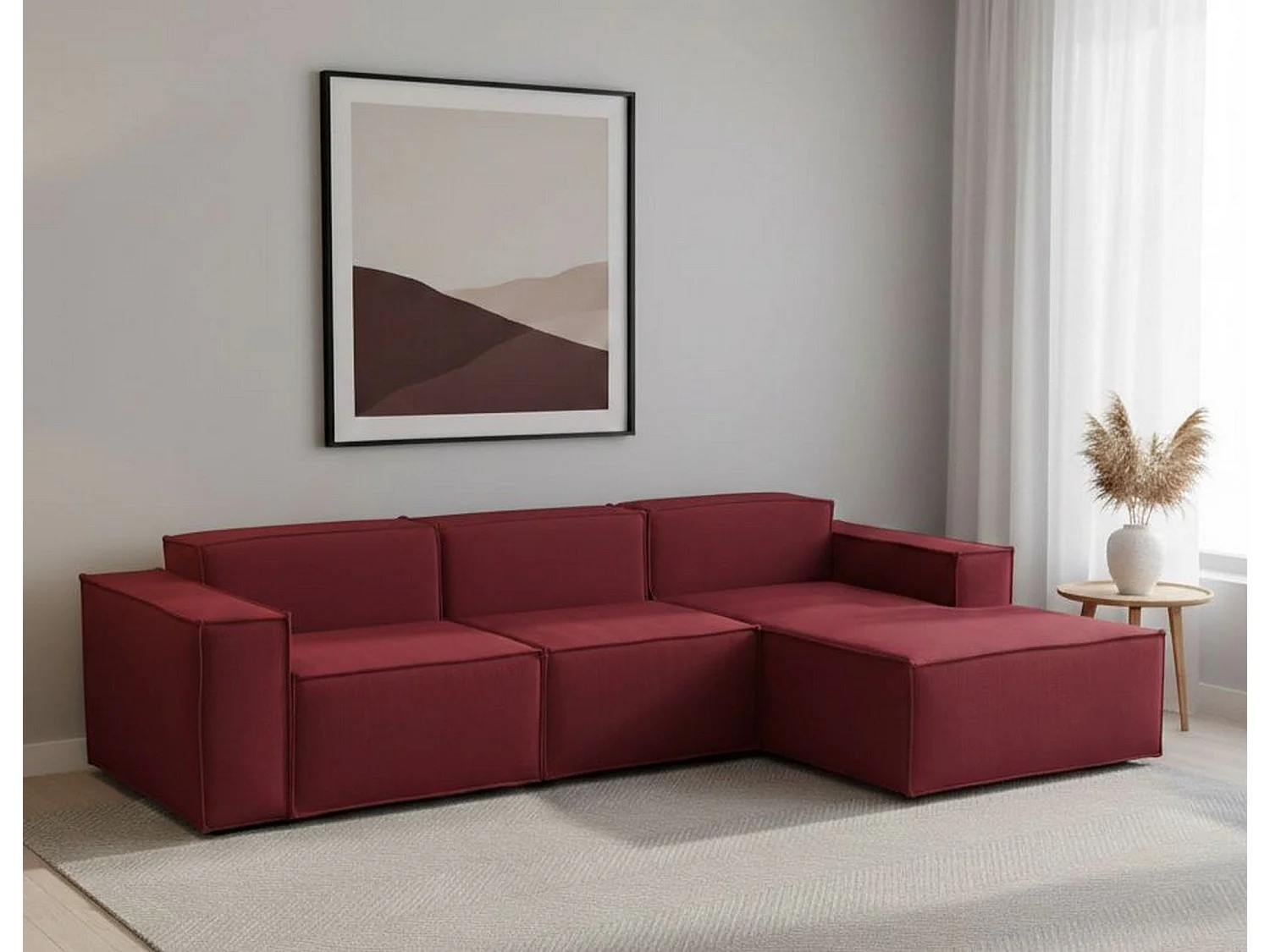 Canapé fixe Ddzek, canapé modulable 3 places avec péninsule droite, 100% Made in Italy, Canapé moderne en tissu, 300x170h70 cm, Rouge