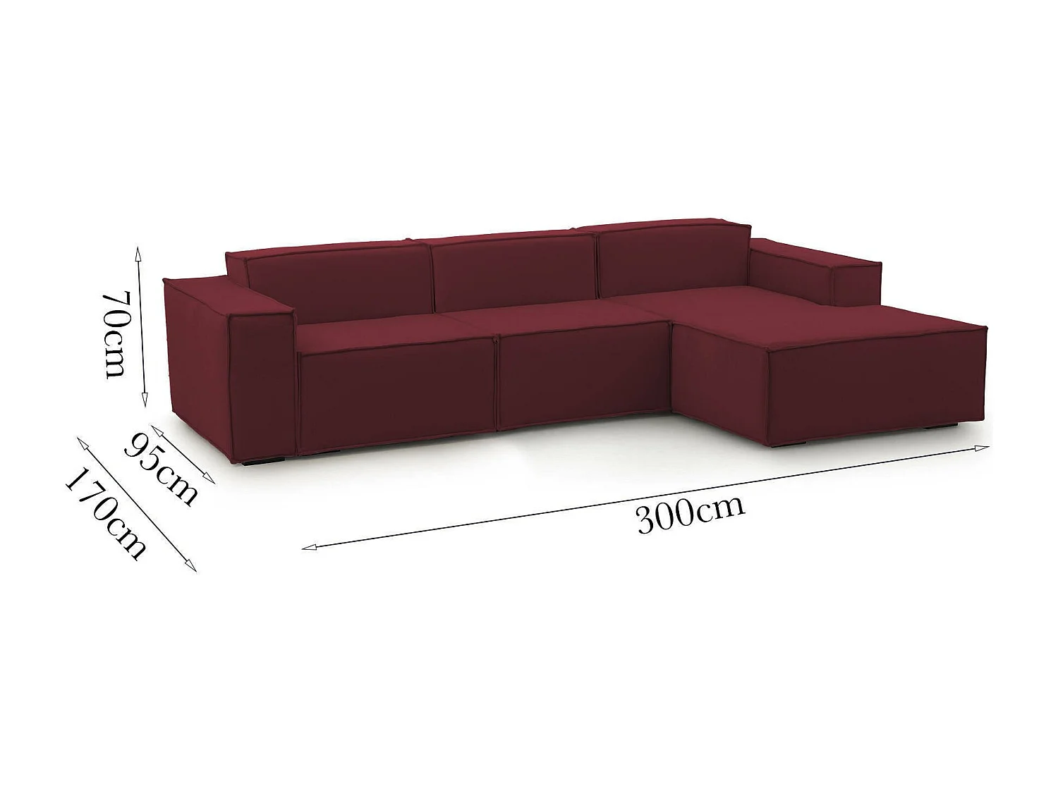 Canapé fixe Ddzek, canapé modulable 3 places avec péninsule droite, 100% Made in Italy, Canapé moderne en tissu, 300x170h70 cm, Rouge
