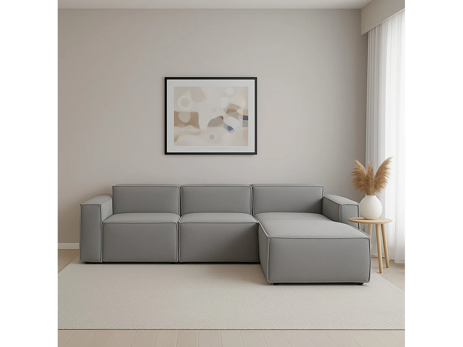 Divano fisso Giovanna, Divano componibile a 3 posti con penisola destra, 100% Made in Italy, Sofà moderno in tessuto, Cm 300x170h70, Grigio
