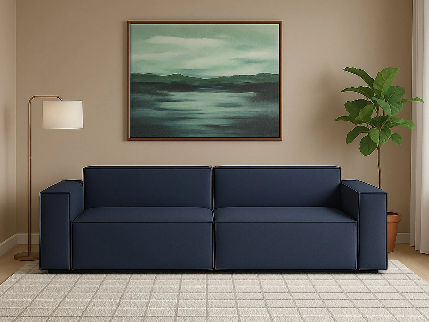 Canapé fixe Simona, canapé modulable linéaire 3 places, 100% Made in Italy, Canapé de salon moderne en tissu, 260x95h70 cm, Bleu