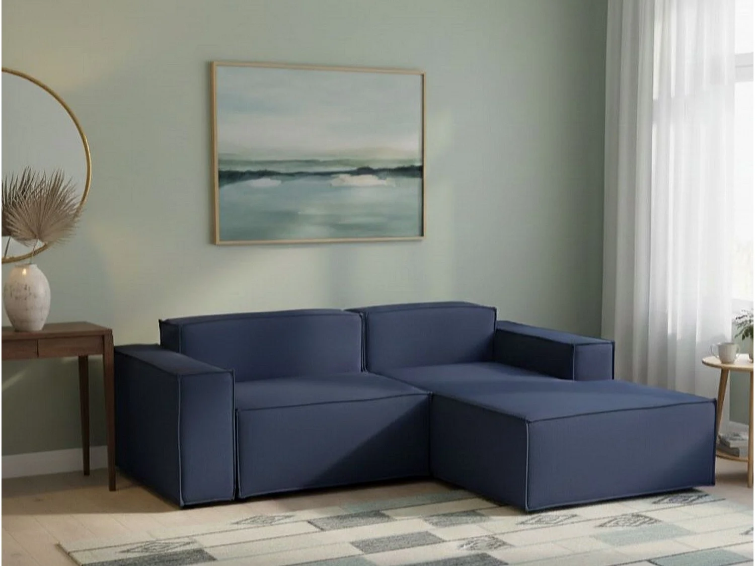 Divano fisso Lidia, Divano componibile a 2 posti large con penisola destra, 100% Made in Italy, Sofà moderno in tessuto, Cm 240x170h70, Blu