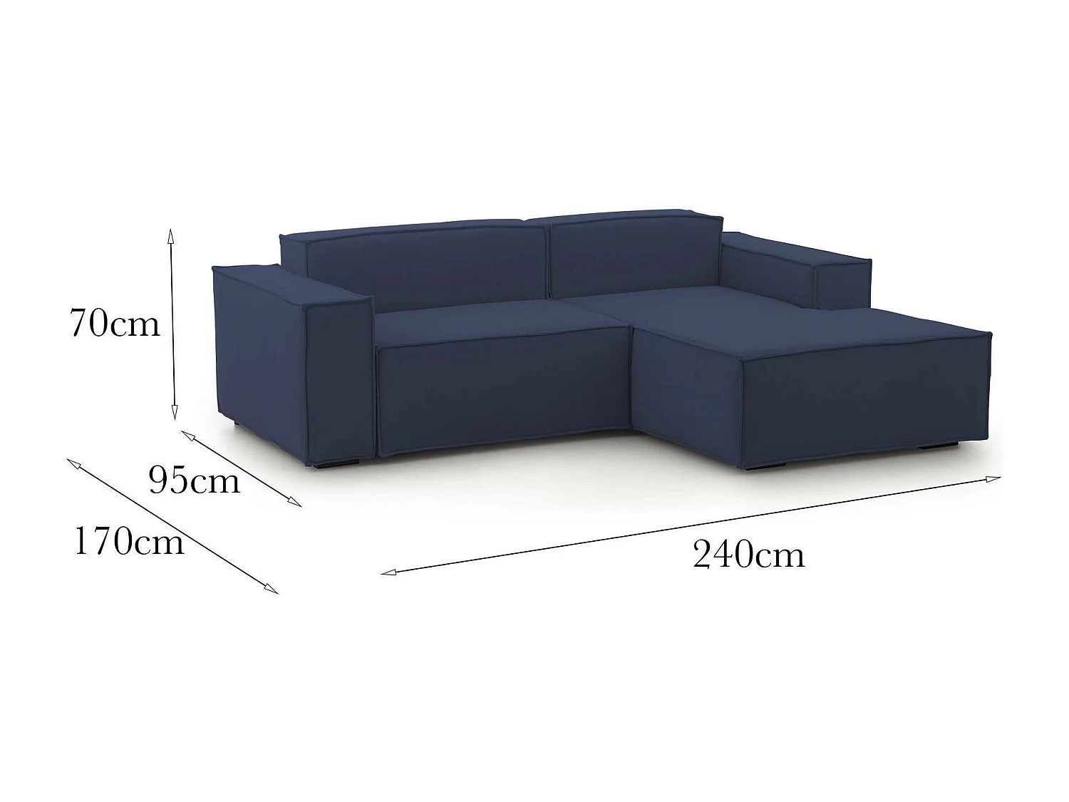 Divano fisso Lidia, Divano componibile a 2 posti large con penisola destra, 100% Made in Italy, Sofà moderno in tessuto, Cm 240x170h70, Blu