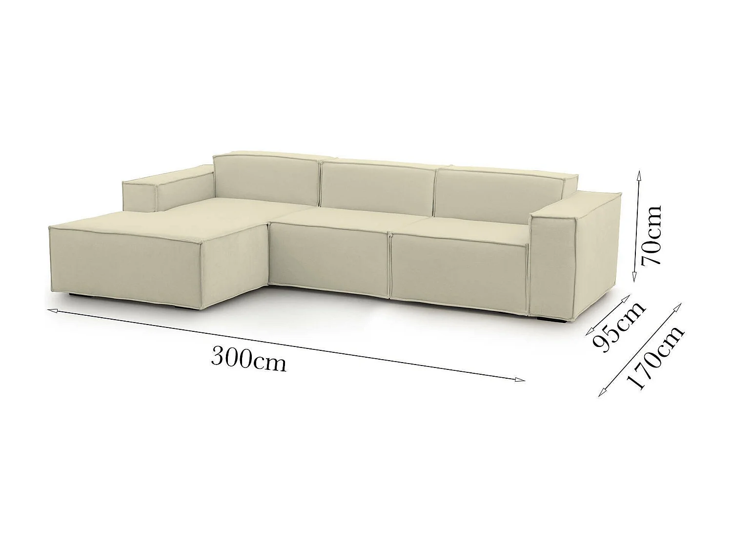Talamo Italia Vaste Bank met Chaise Longue Jessica 170x300 cm Beige Afneembaar Modulair Oekotex Gecertificeerd, Wasbaar Made in Italy