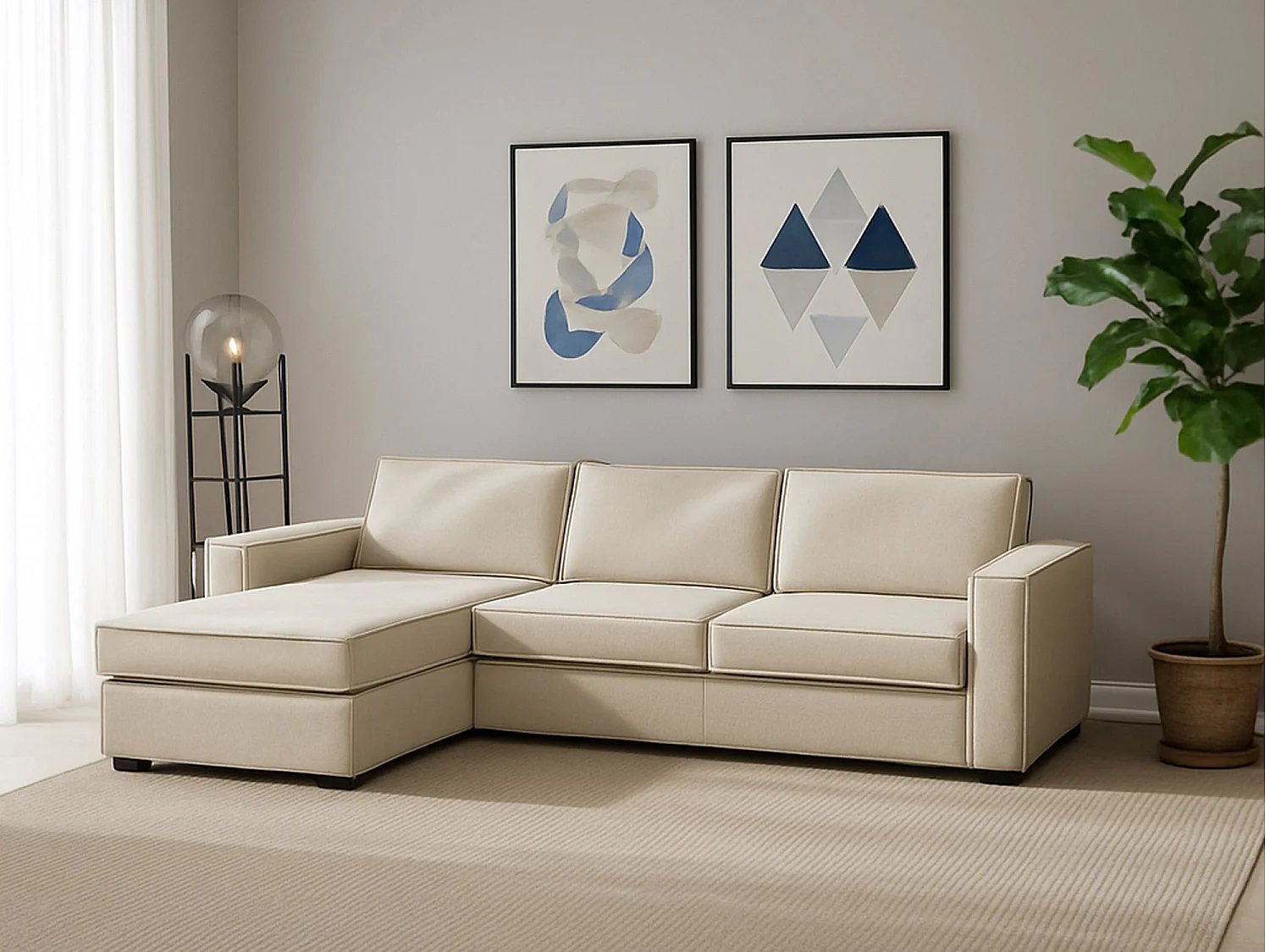 Divano fisso Grazia, Divano ad angolo, 100% Made in Italy, Sofà Soggiorno con, penisola contenitore Sinistra, con Braccioli standard, Cm 280x95h90, Beige